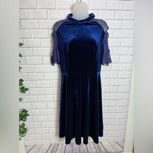 ALISA PAN elegant  Navy Velvet Dress with Short Sleeves/size 14